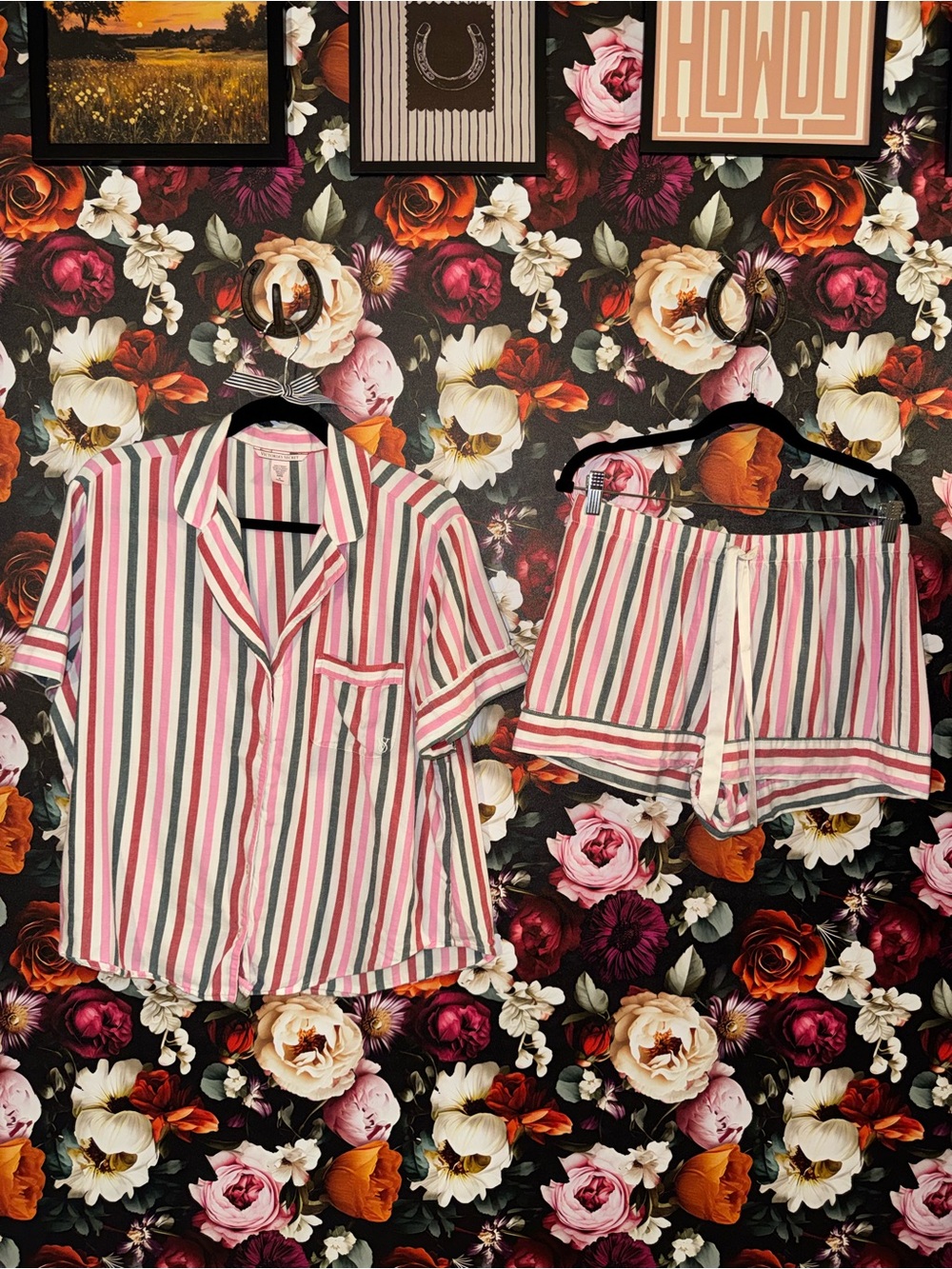 Victoria’s Secret Striped Short-Sleeve, Pink, Green & White PJ Set, M